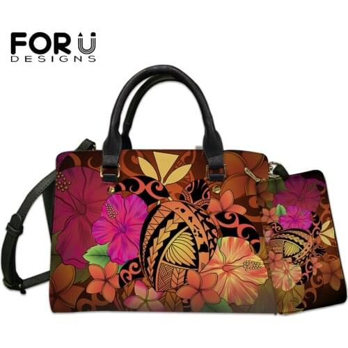 FORUDESIGNS Womens Shoulder Bag And Purse Set Samaon Turtle Polynesian Hibiscus Print Lady Luxury Leather Top-handle Bags Mujer