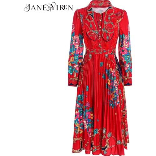 Janeyiren Fashion Designer dress Spring Autumn Womens Dress Long sleeve Vintage Floral-Print Lace Pleated Slim Dresses