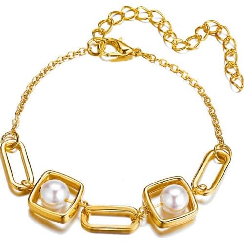 12 piece/lot Imitation Pearls Bracelet Gold Color Square Geometric Metal Link Chain Bangles Charm Jewelry Wholesale Adjustable