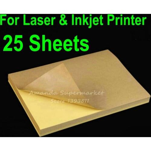 25 Sheets A4 Blank Kraft Label Sticker Paper Brown Self adhesive Paper For Laser & Inkjet Printer
