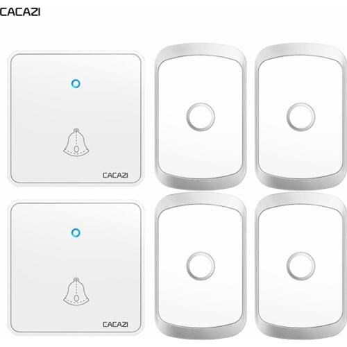 CACAZI Home Wireless Doorbell 300M Remote CR2032 Battery Waterproof 2 Transmitter 4 Receiver 60 Ring 0-110DB Chime US EU UK Plug