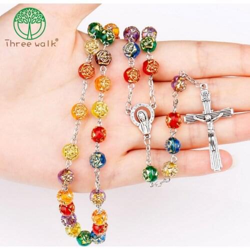 Colorful Acrylic Rose Flower Beads Religious Cross Necklace Catholic Rosary Necklace Jesus Crucifix Stars Mary Centerpiece