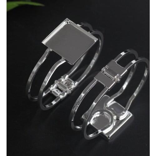 Copper Material Silver Color 25mm Square Cabochon Bangle Base Bracelet Blank Findings, Tray Bezel Setting 5 PCS cy1307