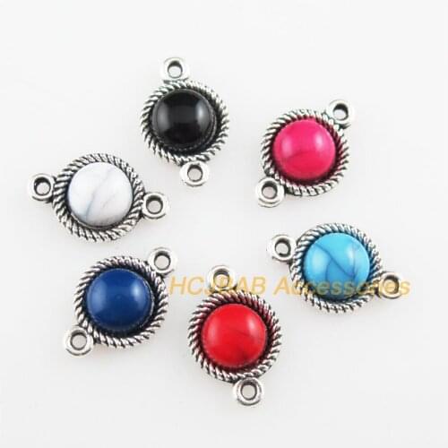 Fashion 24Pcs New Round Mixed Charms Acrylic Pendants Tibetan Silver Color Connectors 8.5x13mm