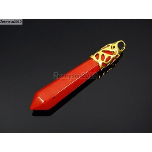 Natural Red Jas-per Gems Stones Long Hexagonal Pointed Reiki Chakra Gold Pendant Beads Necklace Jewelry 10Pcs/Pack