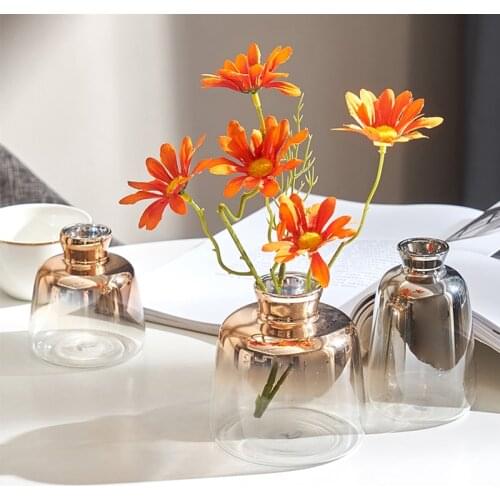 Nodic Gradient Golden Glass Vase Nordic Electroplated Flower Vases For Home Decor Dried Flower Bottle Bar Restaurant Decoration