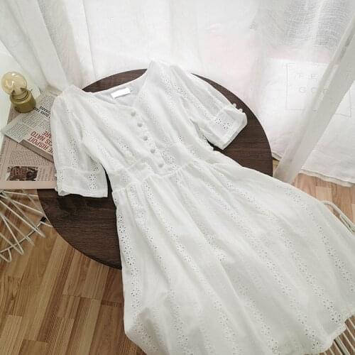 Small fresh sweet embroidery girl V-neck single-breasted solid color female dress