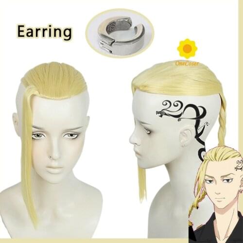 Ken Ryuguji Cosplay Wig Anime Tokyo Revengers Blond Golden Braid Hair Earring Heat-resistant Fiber Hair + Free Wig Cap