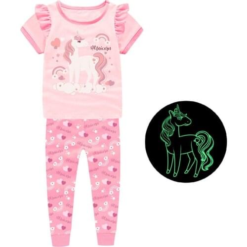 Baby Girls Cotton Pyjamas Summer Kids Elsa Luminous Clothes Cartoon Unicorn Underwear Childrens Short Sleeve Long Johns Wear