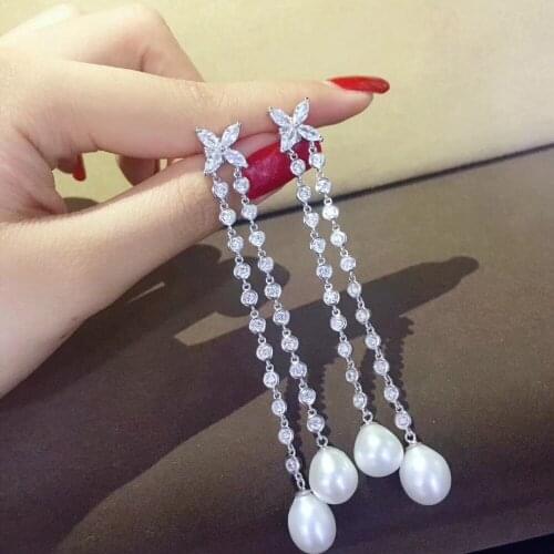 Natural fresh water pearl dangle earring double layers long earring 925 sterling silver with cubic zircon fine women jewelry