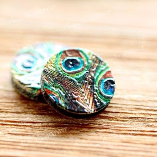 Unique 3D Feather Embossed 16mm Round Coloured Drawing pattern Laser Cut wood Cabochon DIY for Rings, Earring,Brooch,Necklace