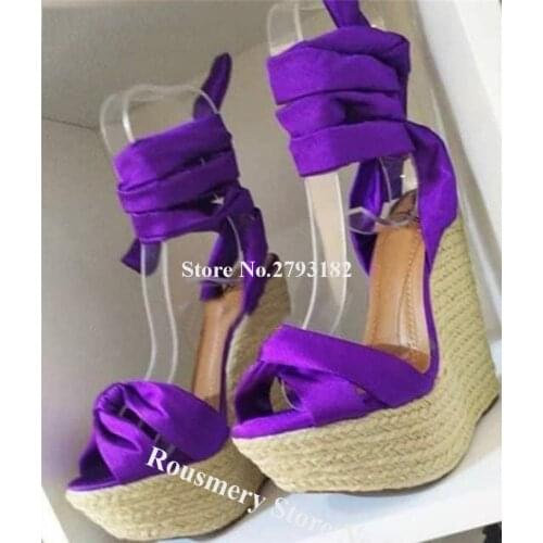 Women Charming Purple Satin FabricHigh Platform Wedge Heel Sandals Rope Weaving Bowtie Lace-up Wedges Party Dress Shoes