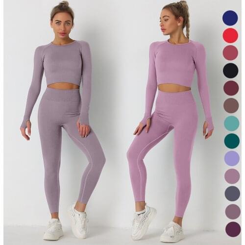 Women 2pcs Seamless Yoga Set Sport Suit Gymwear Fitness Sports Wear Workout Clothes Long Sleeve Gym Crop Top High Waist Leggings