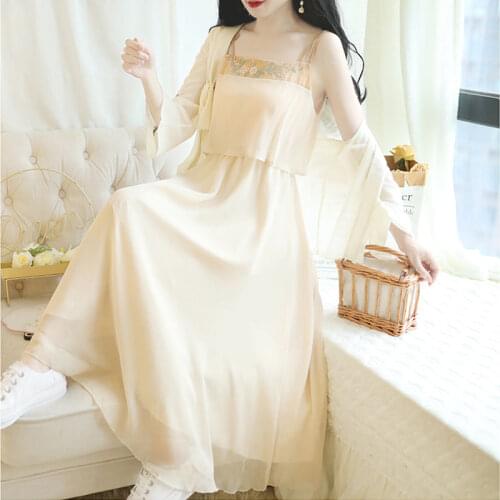 2020 Summer Women Chinese Style Hanfu 2 Piece Set Daily Floral Embroidery Chiffon Straps Dress and Cardigan Shirt Fairy Costumes