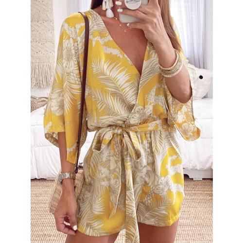 Foridol Leaf Print White Batwing Sleeve Rompers Overalls Summer Autumn Sash Wide Leg Beach Boho Playsuit 2021 Plus Size Romper
