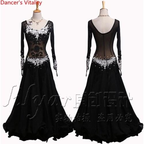 Senior Embroidery Ballroom Dance Dress Women Waltz Tango Dance Performance Clothes Elastic Force Gauze Lace Big Swing Dresses