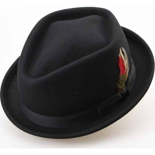 2019 Sunlynn winter fashion wool Flat-topped hat for men 100% wool derby feather hat felt mens bowler hat