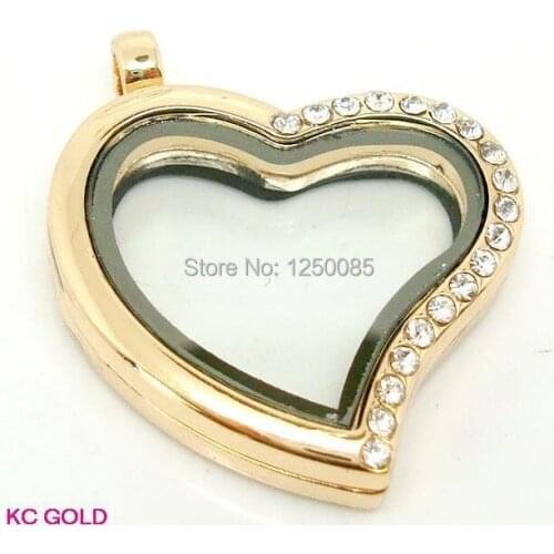 5pcs/lot Heart Shape KC Gold Memory Living Magnetic Glass Locket+Rhinestones fit Floating Charms beads Necklace/Bracelet making