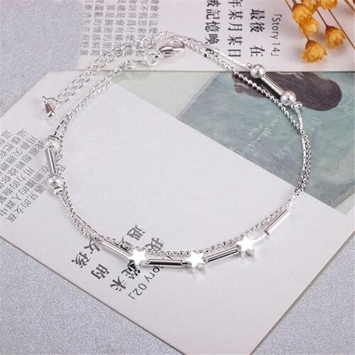 New Sexy Barefoot Jewelry Plata Star Beads Star Mix Design Double-Deck Anklet For Women Girl Silver Color Foot Bracelet