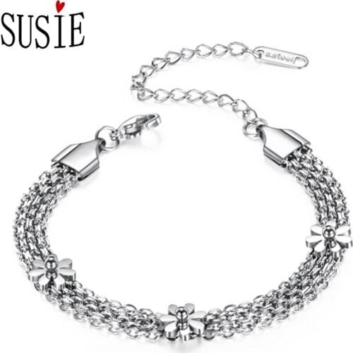 LOVE SUSIE Bracelets Stainless Steel Fashion Jewelery Bangles With Flower Rose Gold Women Bracelets Accessories Link Chain