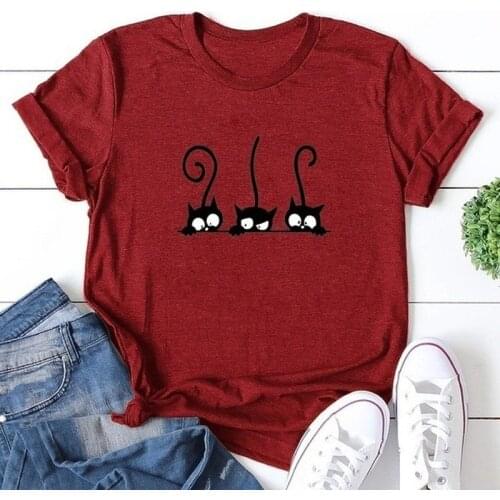 Three Black Cat Print T Shirt Women Short Sleeve O Neck Loose Tshirt Summer Women Tee Shirt Tops Camisetas Mujer