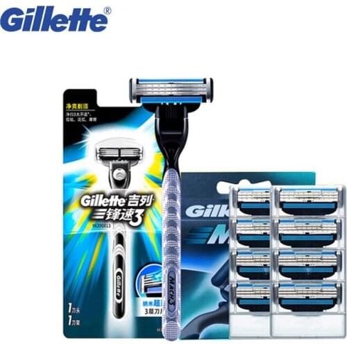 Gillette Mach 3 Safety Manual Razor Classic Mens Beard Shaver 1 Holder 1 Blade + 8 Replacement Shaving Blades Original