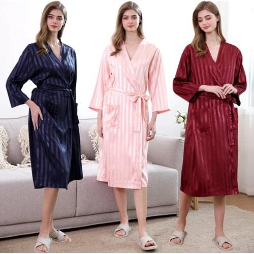 Summer Thin Satin Bathrobe Women Kimono Plus Size Pijama Striped Bath Robe Female Sexy Nightdress Wedding Bride Bridesmaid Robe