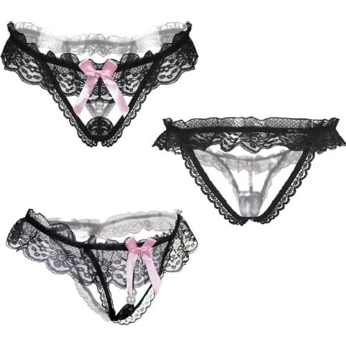 Hot Sexy Open Crotch Thongs G-String Lingerie Women Sexy Crotchless Panties Bowknot Pearls Lace Underwear Nightwear G-string