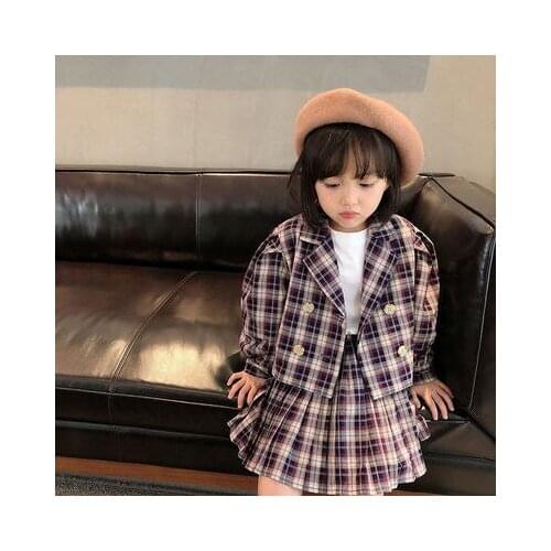 Girls' College Style Pleated Skirt Sets Childrens School Uniform Skirt-pants Suit Baby Girl Fashion Plaid Jacket 2pcs Sets 2-8Y