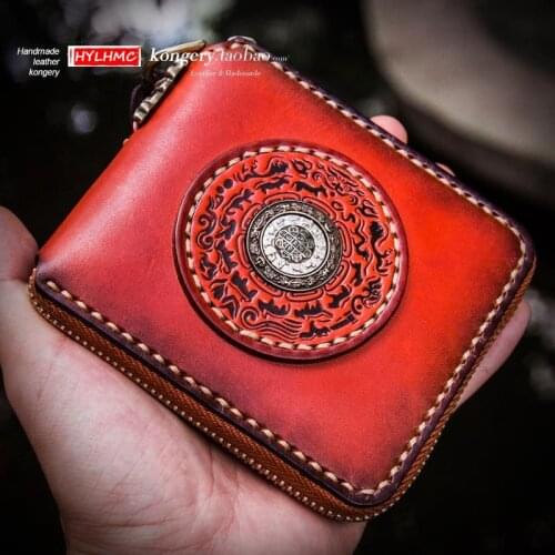 Handmade Genuine Leather Purse Men Wallet Retro Clutch Bag Card Holder Wallets Short Zipper Foreskin Carving Original Women
