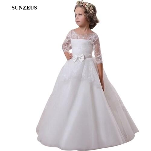Lace Half Sleeve Flower Girl Dresses Beaded Scoop Neckline A-line Party Gowns With Bow Free Shipping FLG093