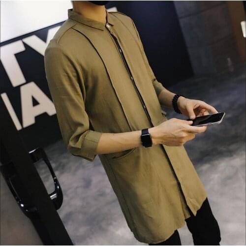 Hot ! 2020 Summer Fashion Mens Clothing Linen Shirt Medium-long Tide Shirt Half Sleeve Long Shirts Hairstylist Singer Costumes