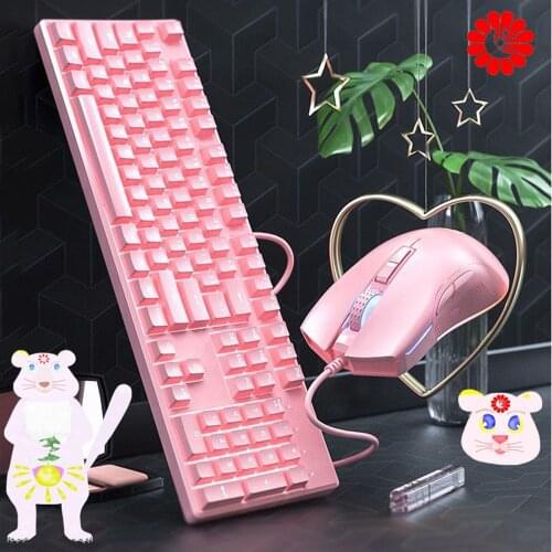 Cute cherry blossom pink LED white backlight 104keys blue axis typing game wired USB mechanical keyboard and mouse combos