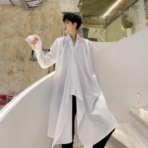 MIXCUBIC 2019 Autumn British style irregular design shirts men Long section casual loose waist Tether shirts for men,size S-XL