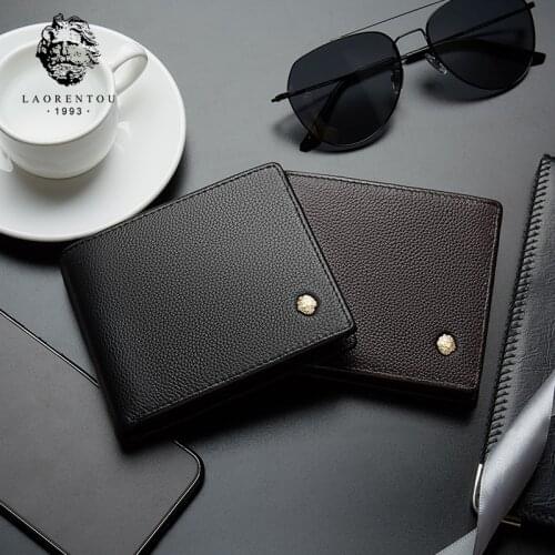 LAORENTOU Mens Card Wallets Genuine Cow Leather Credit Card Holders Standard Short Coin Pocket Casual Multi-function Card Purse