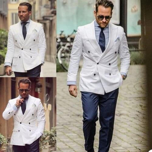 New Designed Men Tuxedos Custom Made Double Breasted Peaked Lapel Suits Formal Wedding Groomsmen Party Prom 2 Pieces Set