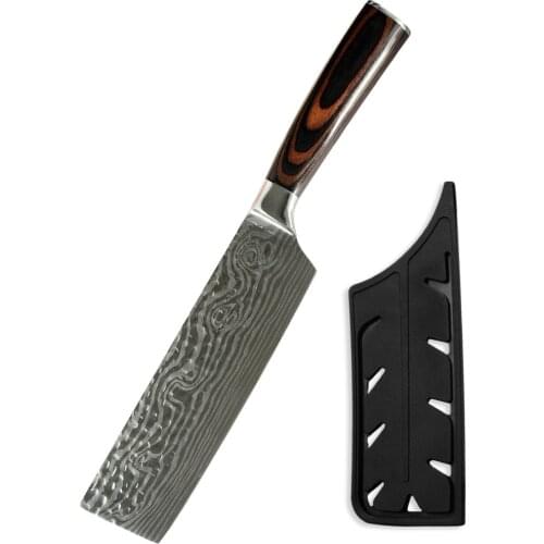 Stainless Steel Cleaver Knife 7 inch Japanese Cutter Anti-stick Damascus Vein Nakiri kitchen Knife Gift Sheath Cover Edge Guard