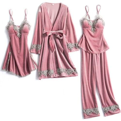 Autumn Winter Warm Velvet Pajamas Set 4Pcs Women Sexy Pajamas Sleepwear For Women Lace Winter Pyjama Nightdress Femle Night Suit