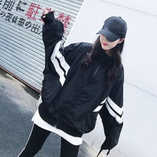 Autumn Vintage Women Bomber Jacket Streetwear Loose College Student Coat Harajuku BF Black White Jacket Women