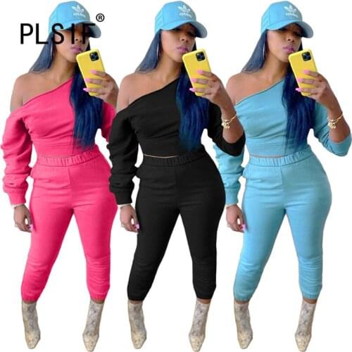Simple Pure Color Skew Neck Long Sleeve Crop Top And Leggings 2 Pieces Set Sexy Tight Club Party Lady Fashion Tracksuits