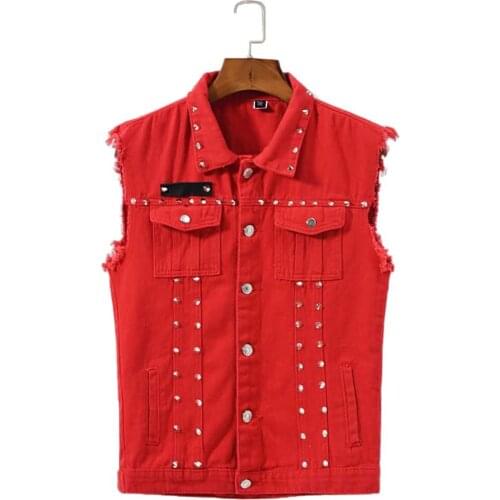 Trend Mens 4 Season Red Denim Waistcoat Streetwear New Fashion Korean Style Slim Cool Vest with Rivets Plus Size Male Clothing