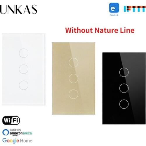 UNKAS 3 Gang US Standard No Neutral Wire Required WIFI Touch Switch Ewelink APP Control By Mobile Phone Single Fire Line