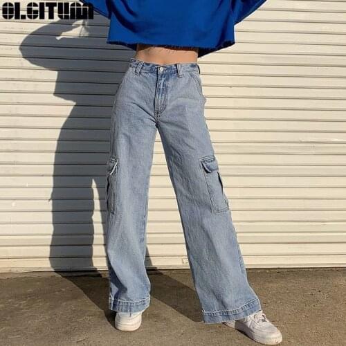 2020 Autumn Pocket Patchwork High Waist Drape Wide Leg Pants Ladies Street Wear Straight Jeans Blue 100% Cotton Cargo Pants