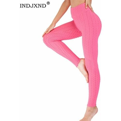 INDJXND Push Up Leggings Womens Clothing Fitness Black Sexy High Waist Workout Jacquard Grid Jeggings Ankle-Length Solid Bottom