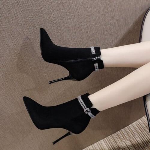 Autumn Winter Female High Heels Shoes Temperament Suede Pointed Toe Stiletto High Heels Short Boot Fashion Crystal Women Pumps