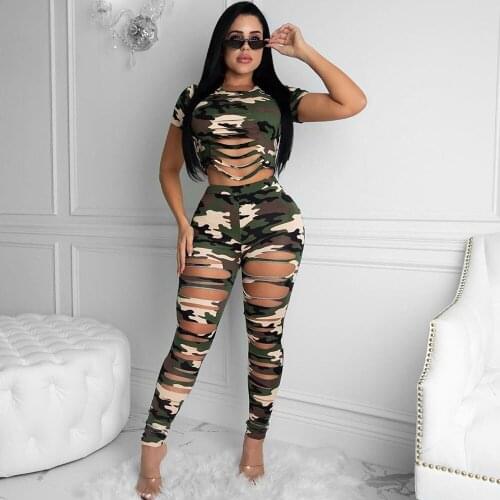 Camouflage Hole Hollow Out Two Piece Set Women Matching Sets Crop Top and Pants Streetwear Hip Hop 2 Piece Outfits for Women