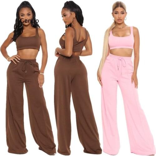 Women Summer 2 Piece Trouser Set Casual Bodycon Solid Color Outifts Sleeveless Crop Tank Top and Wide Leg Pants