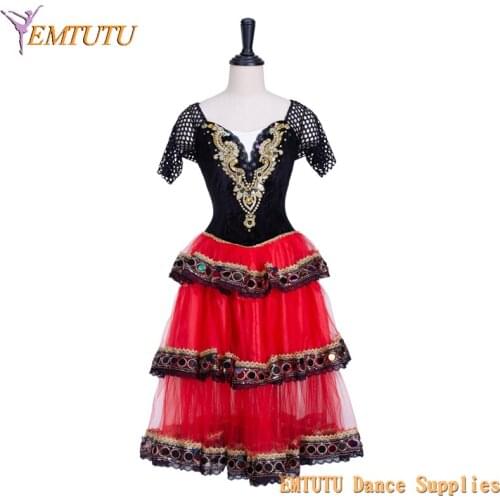 Women Adult Professional Ballet Long Tutu Costume Black Red Golden Don Quixote Ballet Stage Costume Dress Spanish Kitri Dress