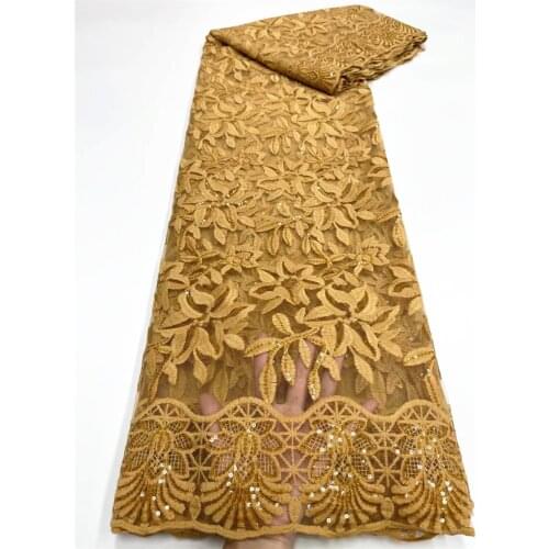 Sequin Lace Fabric 2021 High Quality African Milk Silk Lace Fabric French Mesh With Gold Color Sequins For Party F3156