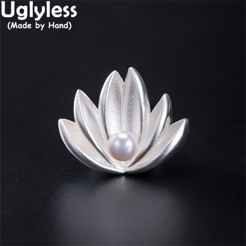Uglyless Freshwater Natural Pearls Brooches for Women Elegant Lotus Evening Dress Jewelry 925 Silver Lotus Flower Pins Brooches